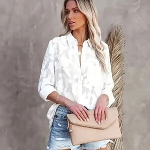 Elegant White Floral Print Chiffon Sheer Blouse